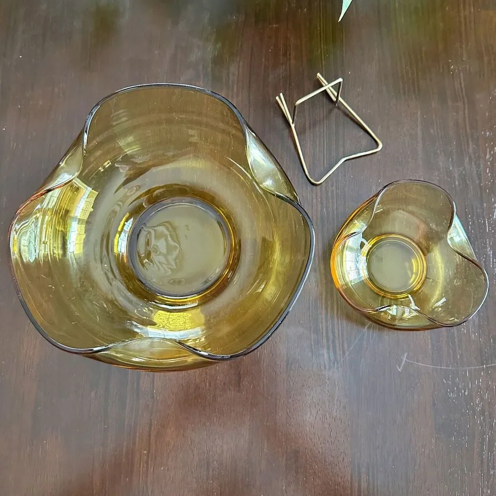 Vtg 70's Anchor Hocking Amber Glass Chip & Dip Bowl Set Distinctive Sculpture